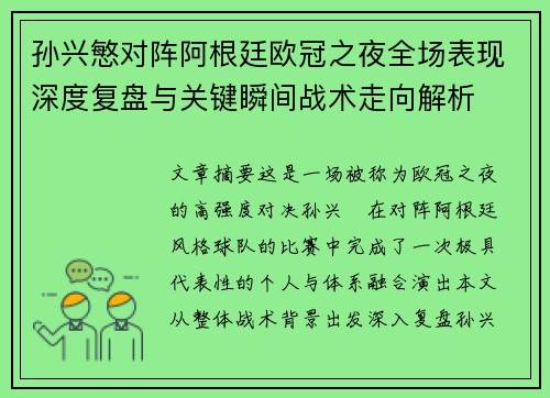 孙兴慜对阵阿根廷欧冠之夜全场表现深度复盘与关键瞬间战术走向解析